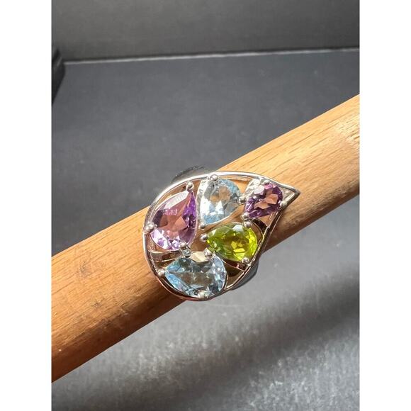 Vintage multi gemstone sterling silver cluster ring size 7 - Picture 13 of 16